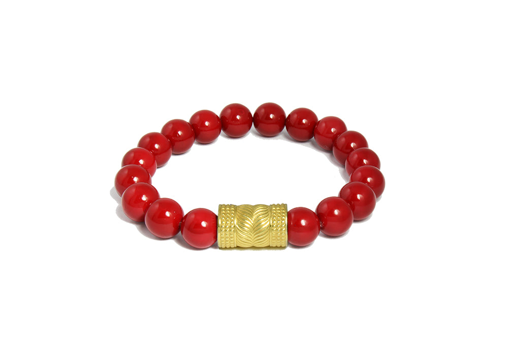 Deep Red Coral With Yellow Gold Charm Bracelet