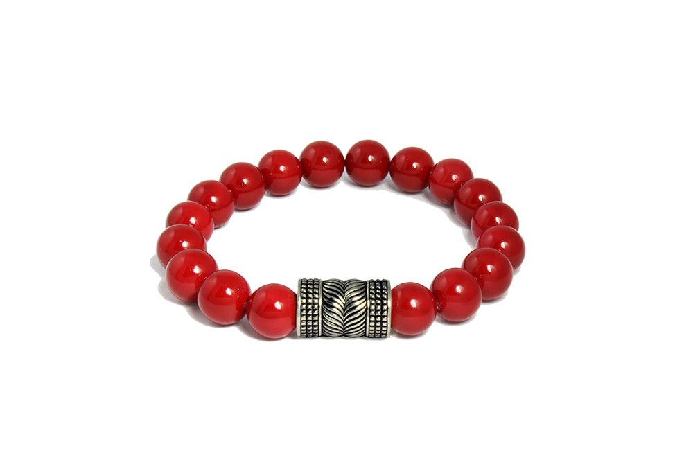 Deep Red Coral With Silver Oxidized Charm Bracelet