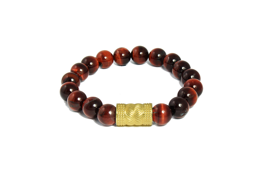 Red Tiger Eye With Yellow Gold Charm Bracelet